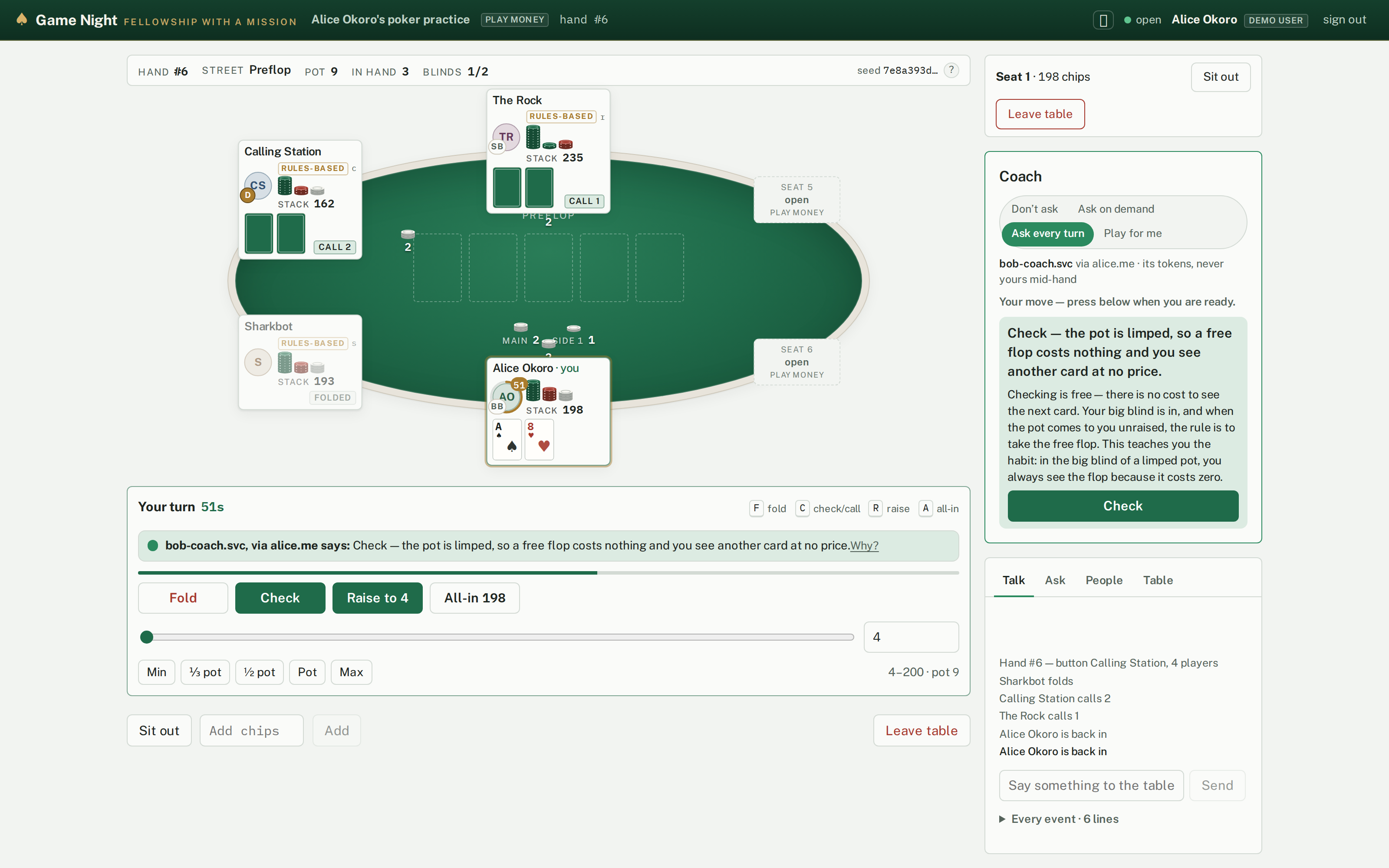 Alice playing a Texas hold’em hand