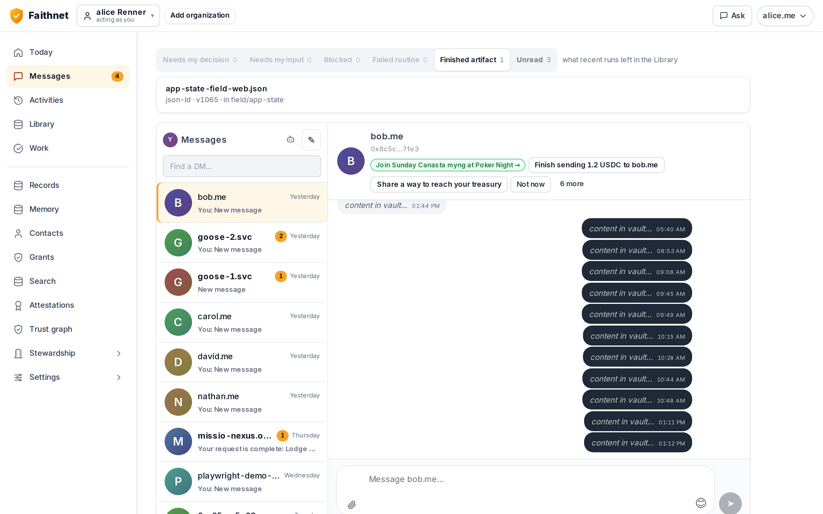 Home — Messages, with an Ask suggesting a payment and a club invitation